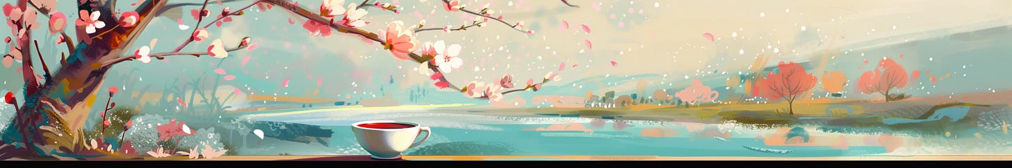 A computer generated illustration of a river, plum trees with pink blossoms, and a cup of tea sitting in front of us as if we have just set it down.