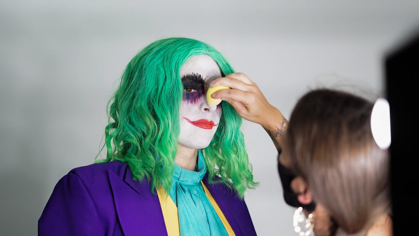 Vera Drew receiving an application of Joker makeup.