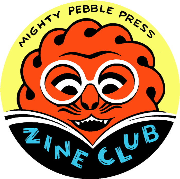 Mighty Pebble Press official Zine Club sticker with the lion logo happily reading a fresh zine