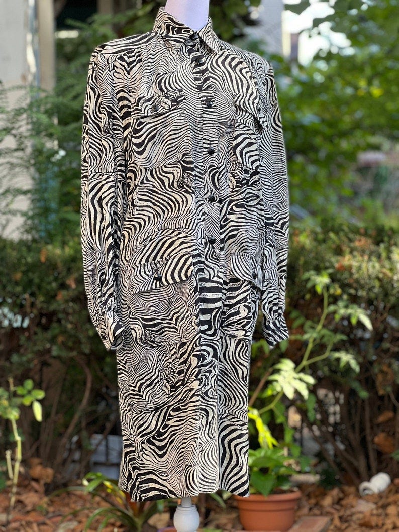 Vintage 80s Silk Zebra Print Shirtdress with Shimmering Jacquard Underlay by Julie Francis, Size 4 image 1