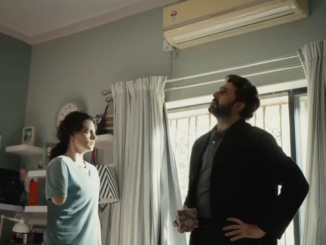 A still from Hindi film, ‘Ghoomer’. A still from Hindi film, ‘Ghoomer’. Anina (Saiyami Kher) listening to Paddy (Abhishek Bachchan) as the latter has his head tilted up. Looks like he is giving her a hard time.