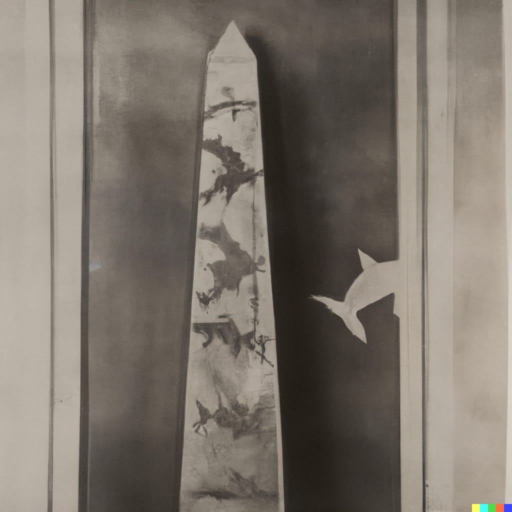 an AI-assisted image that resembles a vintage black and white photograph of an obelisk in front of a wall, and shapes like shark cut-outs adorn it and the wall