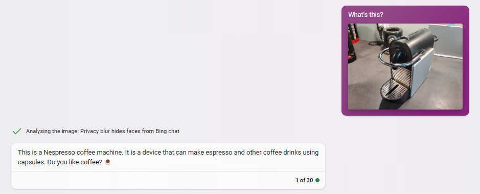 Bing Chat recognizing an image of a Nespresso machine