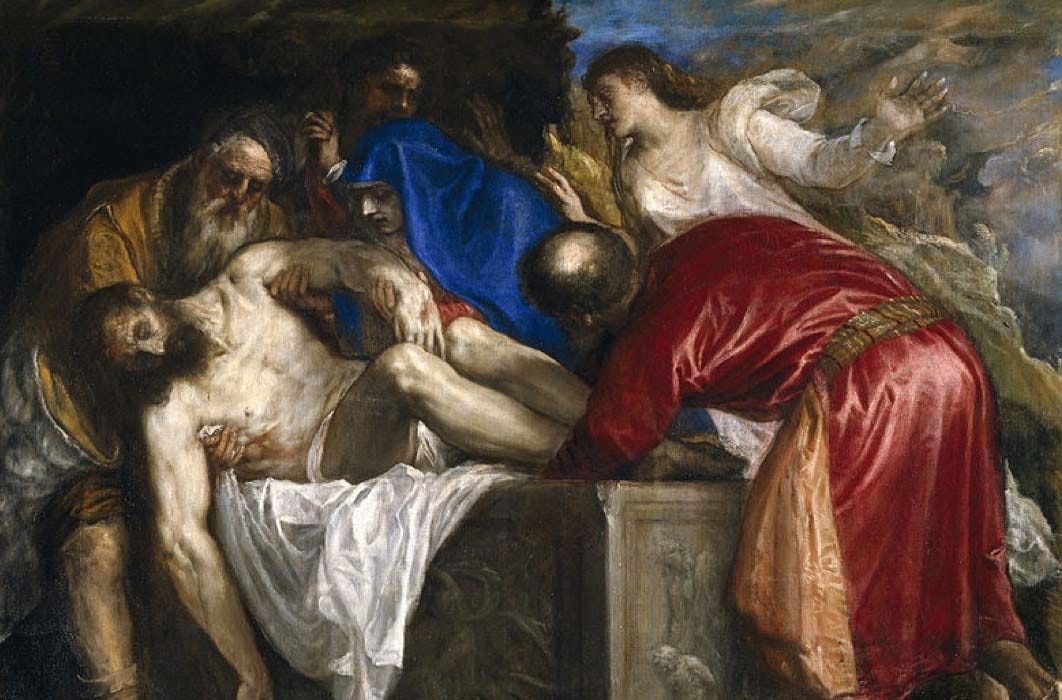 Joseph of Arimathea, Nicodemus and the Virgin Mary take Christ in the tomb watched by Mary Magdalene and Saint John the Evangelist by Titian (1559) (Public Domain)