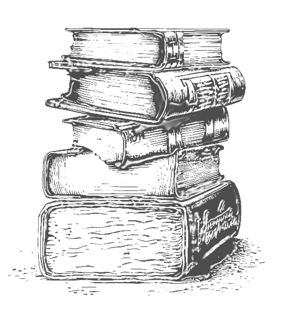 A woodblock illustration of old books