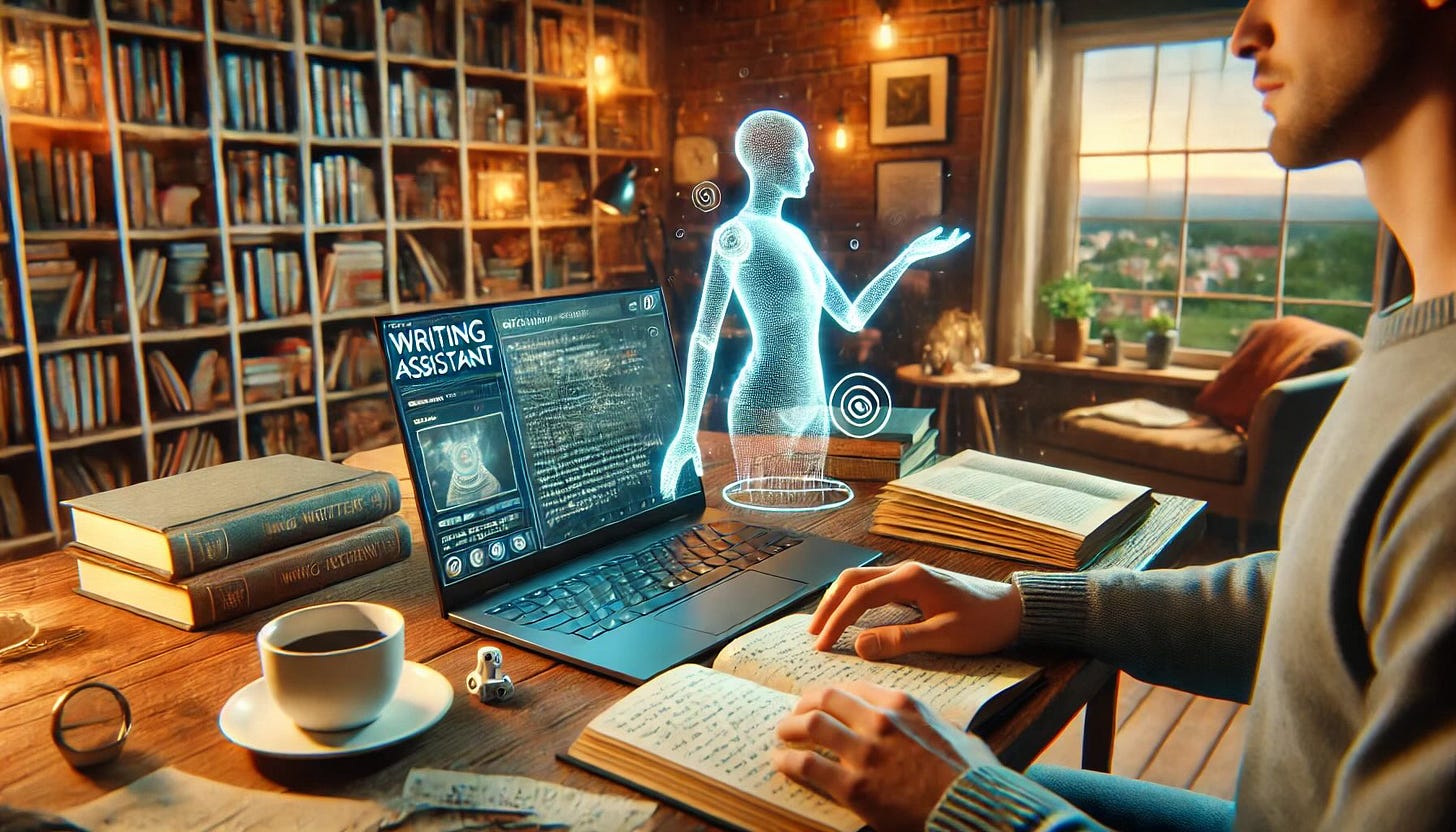 A writer's desk featuring a modern laptop displaying an AI writing assistant interface. The desk is cluttered with handwritten notes and a few books about writing. A holographic AI figure emerges from the laptop screen, interacting with the writer. The room has warm lighting, bookshelves in the background, and a window showing a peaceful, natural landscape outside.