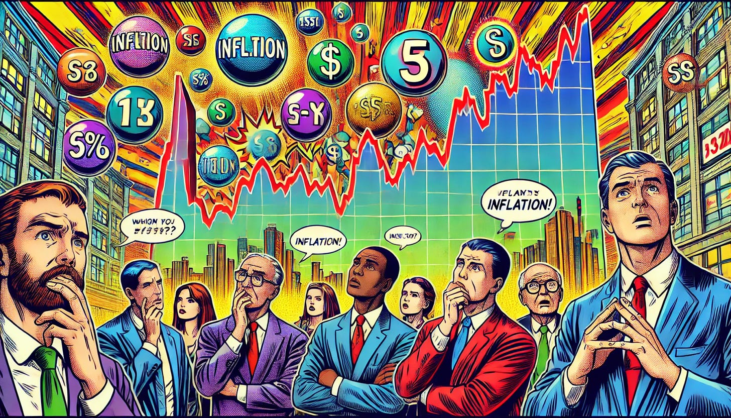 A vibrant, dynamic pop-art style illustration depicting investors anxiously waiting in front of large, colorful charts and graphs that represent inflation data. The scene should have a dramatic flair, featuring worried investors in business attire, looking at the fluctuating charts with concern. The background should be bustling with energy and movement, highlighting the tension of financial markets. This illustration should be in a detailed, colorful pop-art style, inspired by classic comic book art, emphasizing emotions and economic elements. The format should be a rectangular horizontal orientation.