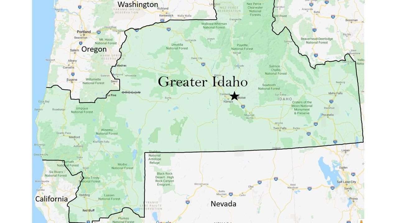 This map, courtesy of the group Greater Idaho, details the proposed boundary adjustment, adding counties from Oregon and California. This map, courtesy of the group Greater Idaho, details the proposed boundary adjustment, adding counties from Oregon and California.
