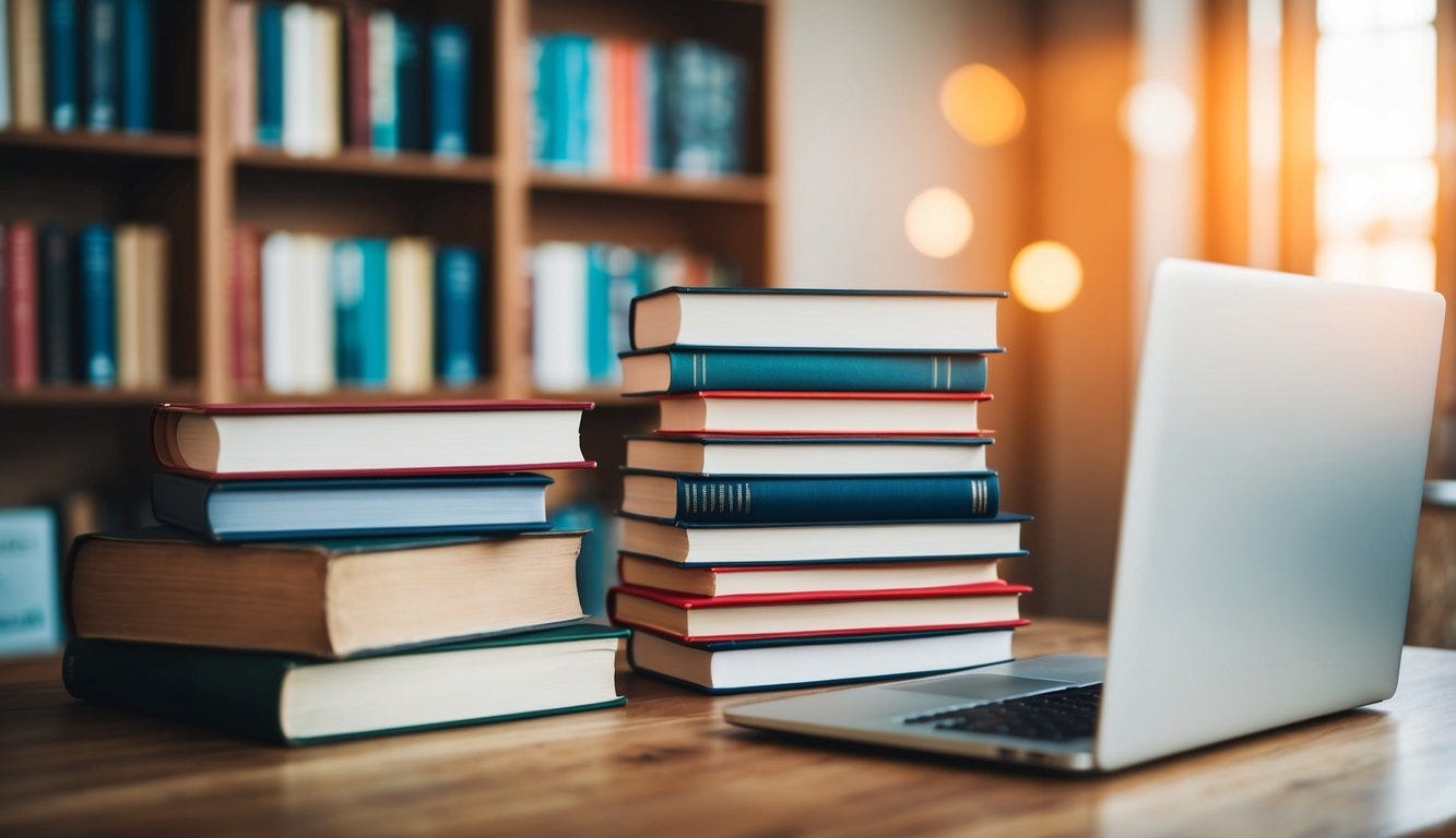 Books and laptop arranged on a wooden table