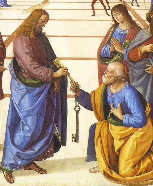 Perugino, Christ Giving the Keys of the Kingdom to St. Peter, 1481-83, fresco, 10 feet 10 inches x 18 feet (Vatican, Rome)