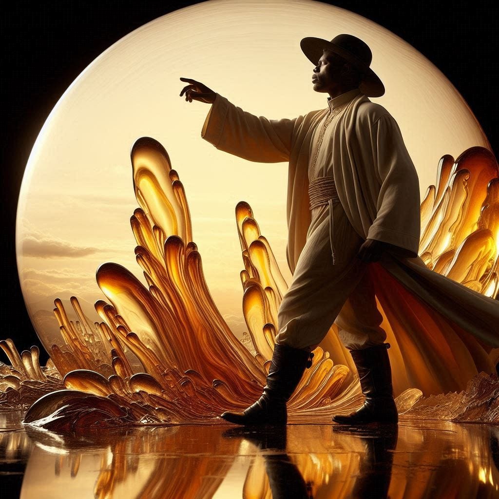 resin sun inside glass; tiltshift /flying at angles/ 8d angled glass embedded /beautiful, heroic, strong handsome, rotund Nigerian man / velvet blonde, cream, ivory long coat/ black leather boots. water in resin/ ; he is at Monks mound at Cahokia / amber cream,tsunami full of fire/ reverberating waves. black hole in floor/ water in resin verdigris/ In the style of Michael Parkes. black etching/ black linework/ daytime sky/fluffy clouds 