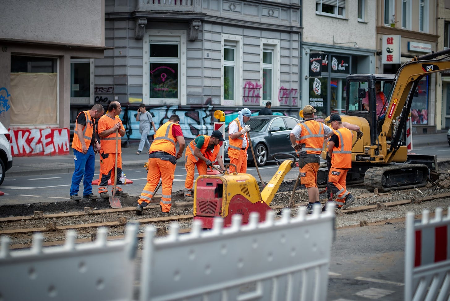 Roadworks to put new tram tracks on the street.