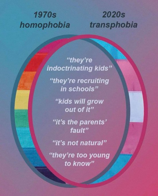 Image comparing 1970s homophobia with 2020s transphobia