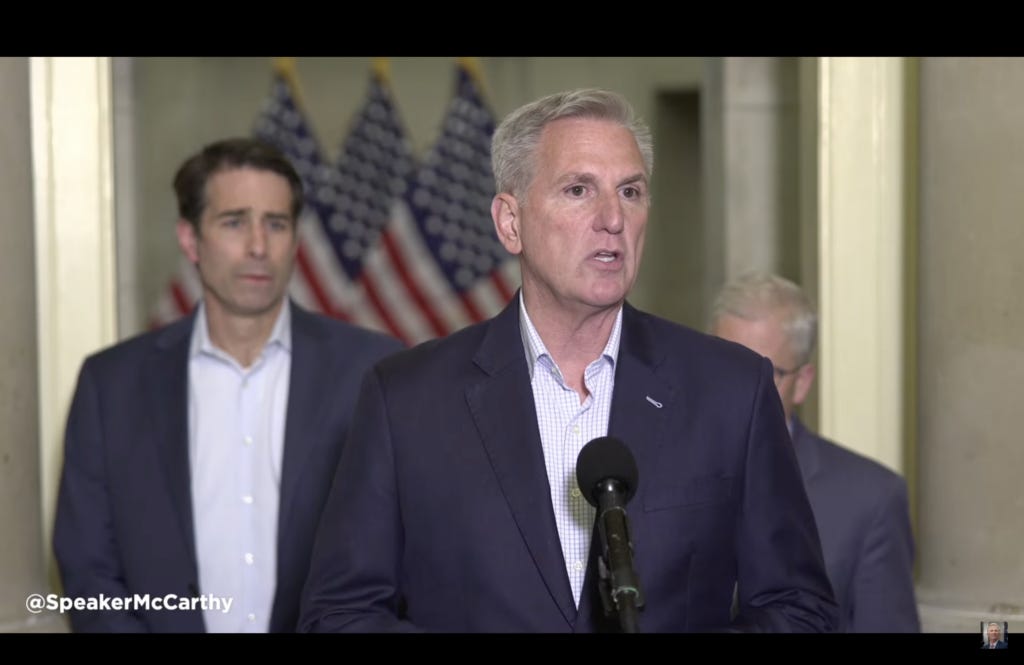 U.S. House Speaker Kevin McCarthy, front, with GOP Rep. Garret Graves of Louisiana at left,