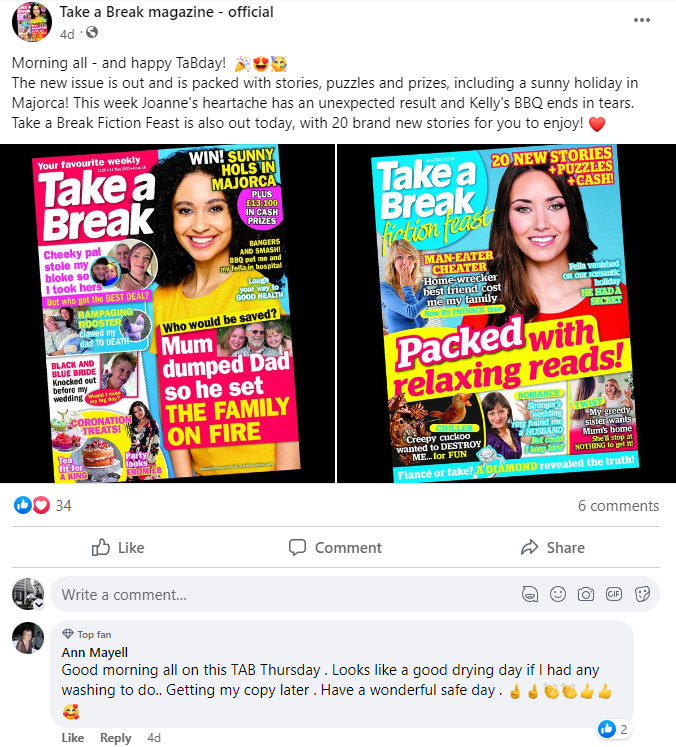 Take a Break magazine posts some covers, with Ann commenting "Good morning all on this TAB Tuesday"