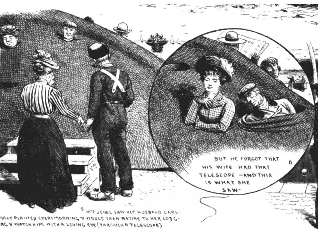 Another detail from the cartoon previously shown. On the left of the image a woman and a man stand looking at a whale, which has several people immersed up to their necks in it. On the right of the image is a close-up of the woman’s husband, who is in the whale and leering at a pretty young woman next to him.