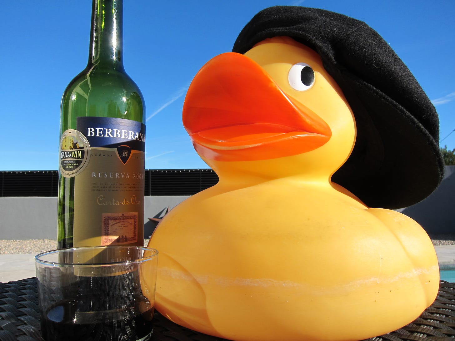 A rubber duck, a glass and bottle of red wine. That's Happiness in Halos.