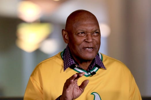 OAKLAND, CALIFORNIA - MAY 31: Former Oakland Athletics pitcher and member of the 1972 World Series Championship team, Vida Blue, is interviewed before a MLB game between the A's and the Boston Red Sox at the Coliseum in Oakland, Calif., on Saturday, June 4, 2022. Blue and teammates from the 1972 World Series Championship were honored during a special ceremony marking their 50th anniversary. (Ray Chavez/Bay Area News Group)