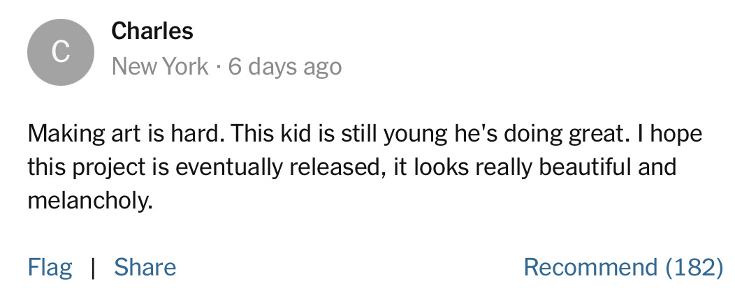 NY Times comment from "Charles" in New York, with 182 reader recommendations: "Making art is hard. This kid is still young he's doing great. I hope this project is eventually released, it looks really beautiful and melancholy."