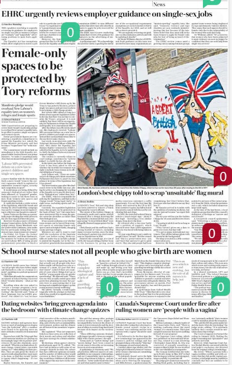Sunday Telegrapg page with four anti-trans articles