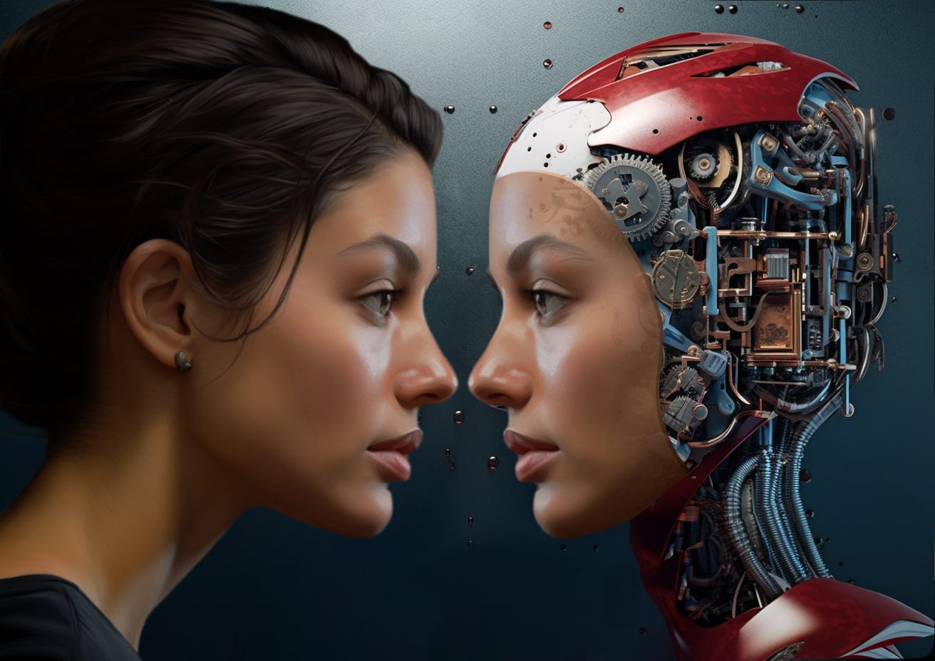 A woman in profile looking at a female look-alike robot in profile