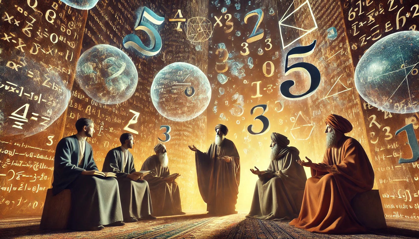 A philosophical debate scene featuring historical and modern characters in an abstract setting. A medieval scholar, resembling Ibn al-Haytham, discusses mathematics with contemporary readers in a surreal environment of floating numbers and symbols. The scene evokes deep thought and intellectual exploration, with warm lighting and a mystical atmosphere.