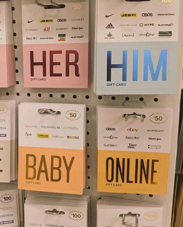 Gift cards in 4 colorways: "HER," "HIM," "BABY," and "ONLINE"