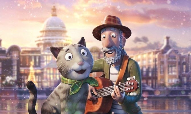 still from Tabby McTat with cat and busker