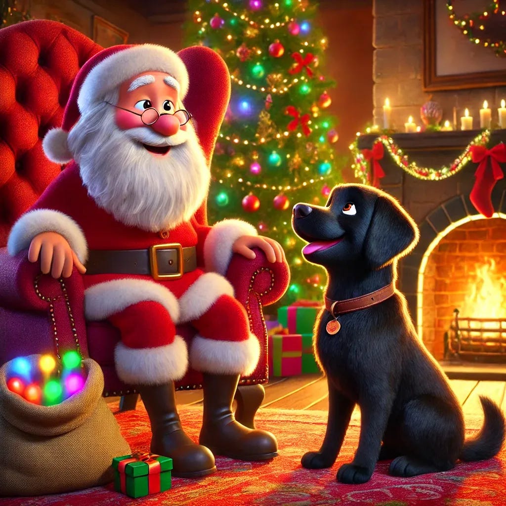 A Pixar-style illustration of a joyful black Labrador named Twyla, with a brown collar and brown eyes, meeting Father Christmas in a cozy, magical, festive room. Twyla is wagging her tail and looking excitedly up at Father Christmas, who has a warm smile, wearing his classic red suit with a long white beard. Father Christmas is sitting on a grand, cushioned chair next to a glowing fireplace, with a sack of colorful presents spilling out beside him. The room features a beautifully decorated Christmas tree with twinkling lights, ornaments, and garlands, creating a heartwarming and whimsical holiday atmosphere.