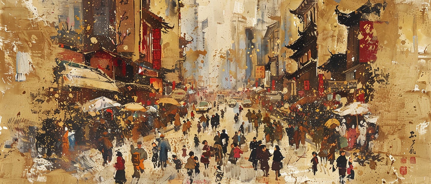 Artistic depiction of a bustling street scene in an Asian city with traditional architecture, featuring people with umbrellas walking among vibrant splashes of gold and brown paint that evoke a dynamic, rainy atmosphere.