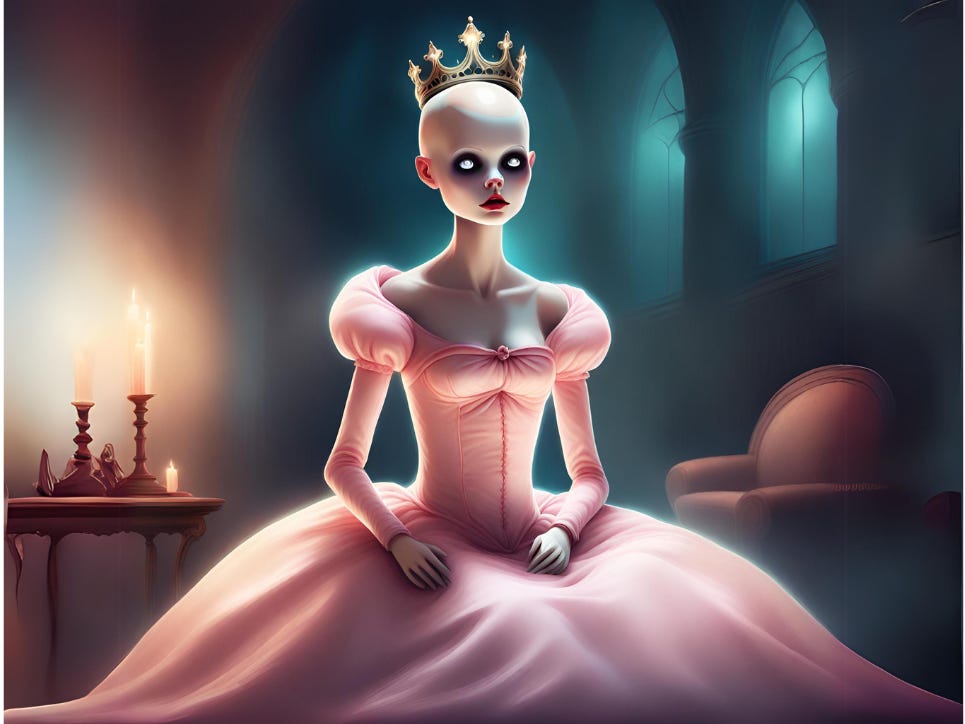 creepy bald princess wearing a pink dress and a gold crown