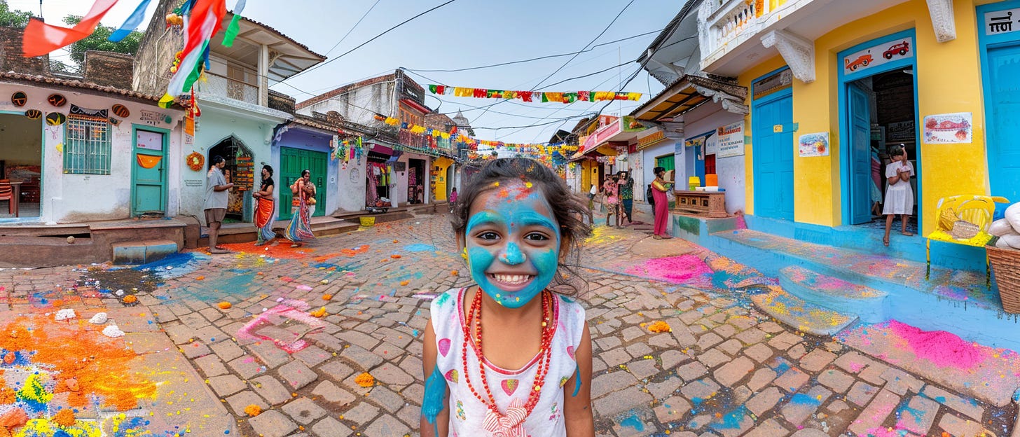 In a vibrant, wide-angle shot, a cheerful young girl with a beaming smile stands in the foreground, her face playfully covered in blue Holi powder. Behind her, the colorful streets are lined with people and traditional Indian houses, their walls adorned with splashes of Holi colors. The ground is a canvas of pink, yellow, and orange powders, and marigold petals, indicating recent celebrations. The festive decorations and relaxed posture of the residents reflect the joyful and communal spirit of the Holi festival in an Indian village, showcasing the cultural significance of this event.