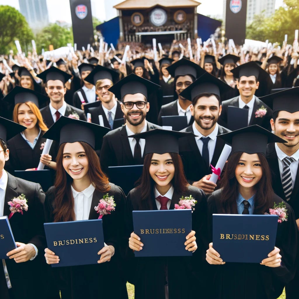 A group of business majors at their graduation ceremony, receiving diplomas on a sunny day. The scene includes diverse students in traditional black graduation gowns and caps, holding their diplomas proudly. The background shows a decorated stage with university banners and floral arrangements. The crowd of graduates is diverse, representing multiple ethnicities, and they are smiling joyfully as they celebrate their achievement.