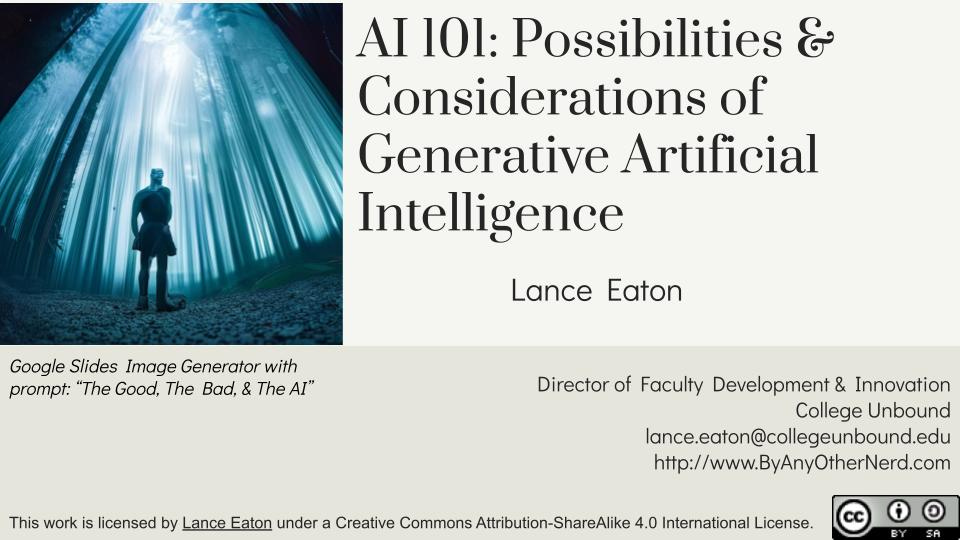 Title slide of the presentation.  It includes the presentation title, my name and contact information, a CC license, and an image of a robot standing in a forest with a blue tint.