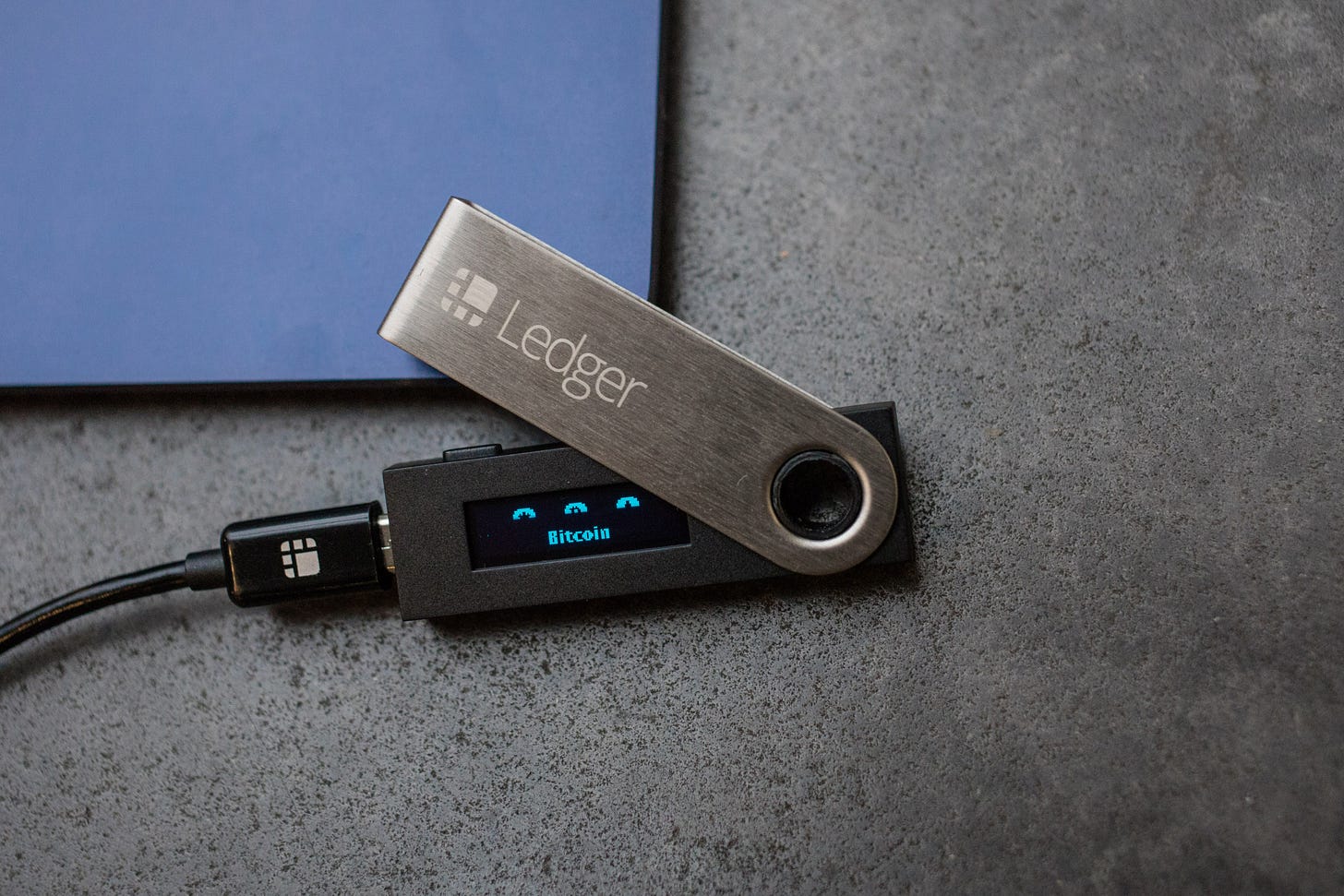 A Ledger USB dongle for storing and carrying cryptocurrency passwords at the company's headquarters in Paris.