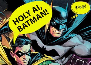 Comic style cartoon of Robin saying to Batman, "Holy AI, Batman!" and Batman swearing in response.