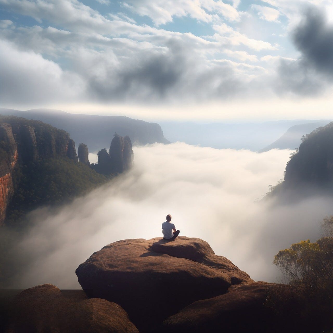 a person siting on top of a mountain to meditate