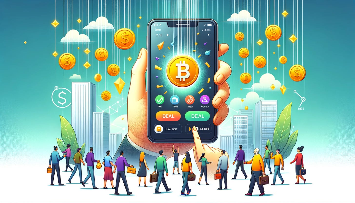 Illustration of a colossal iPhone, with the Deal Box app open, showcasing vibrant tokens flowing in and out. Surrounding the phone are people of all ages, from tech-savvy youngsters to grandmothers, all engaging effortlessly. The backdrop is a digital financial skyline, emphasizing the magnitude of the opportunity.