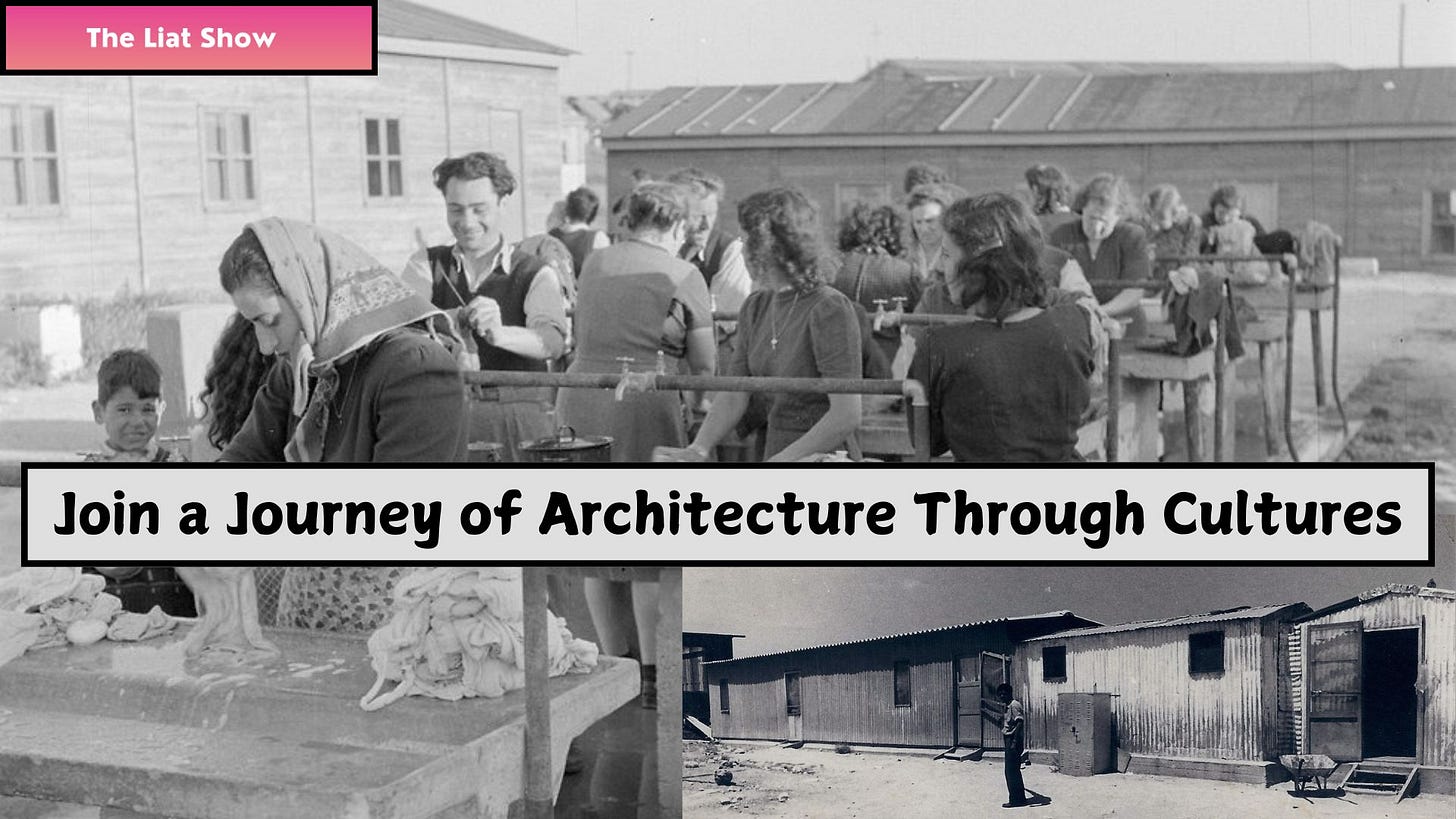 Life in the Ma’abarot in the early days of Israel shows women washing clothes at communal washing stations while others are engaged in daily activities. Wooden barracks are visible in the background, representing the living conditions in the transit camps.
