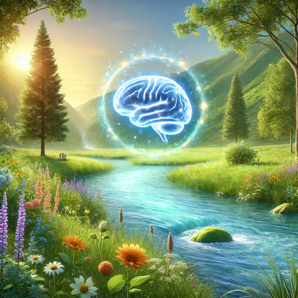 A serene and nurturing environment that visually represents the healing of brain inflammation, especially in the context of autism. The scene includes a tranquil river flowing through a lush green meadow, surrounded by vibrant wildflowers and tall trees. In the center, a glowing, ethereal brain symbol with soft blue and green hues radiates calming energy. Surrounding the brain are subtle representations of healing energy, depicted as soft glowing particles. The sky is clear with a warm, golden light, creating a peaceful and hopeful atmosphere. Nearby, symbols of reducing inflammation such as calming herbs and plants are present.