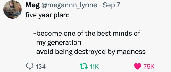 A screenshot of a tweet that says "five year plan: become one of the greatest minds of my generation, and avoid being destroyed by madness."