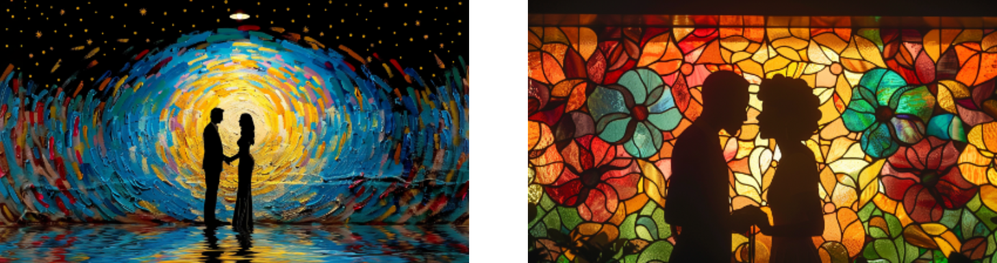 Left: A silhouetted couple stands together in front of a vibrant, swirling mural with reflections on the water. Right: A couple's silhouettes are framed by a colorful stained glass window depicting flowers.