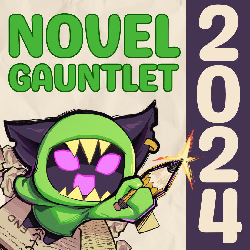 Graphic of a colorful goblin holding a pencil and standing atop a pile of books | Text: Novel Gauntlet 2024