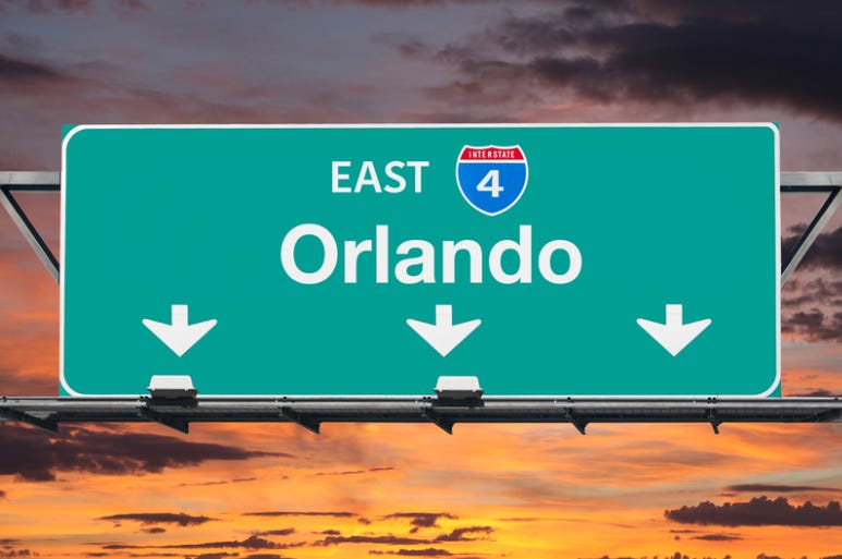 A navigation sign on Interstate 4 in Orlando. Decorative purposes only.