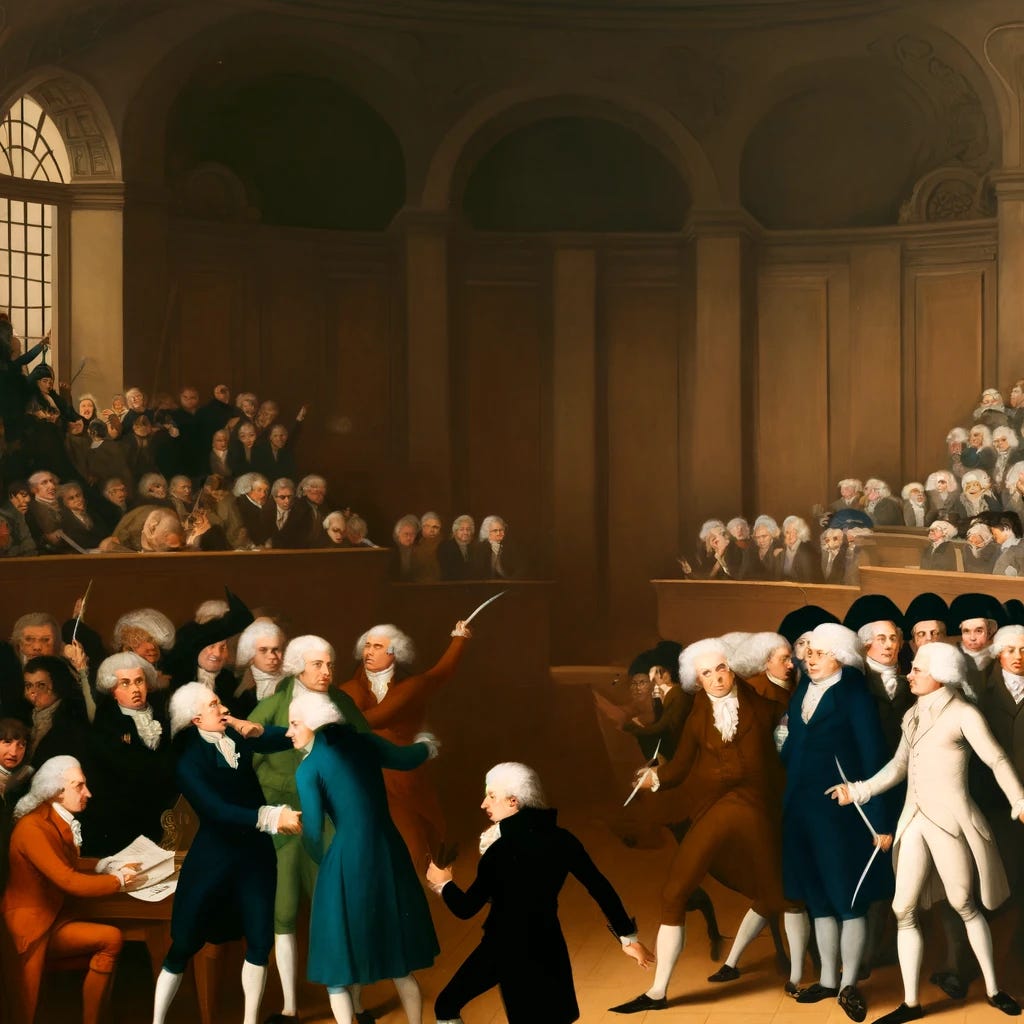 A historical scene from the French Parliament in 1789, capturing the ideological divide between the left and right. The setting is the grand chamber of the Estates-General, filled with members of the parliament. On the left, figures represent the radical and revolutionary members, appearing passionate and animated, dressed in simpler, modest attire. On the right, the conservative members are depicted as more reserved and formal, wearing elaborate wigs and rich garments. The atmosphere is tense, with each group expressing strong convictions amidst the classical architecture of the chamber.