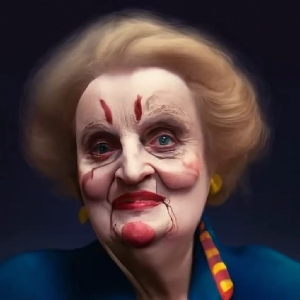 Madeline Albright in clown outfit