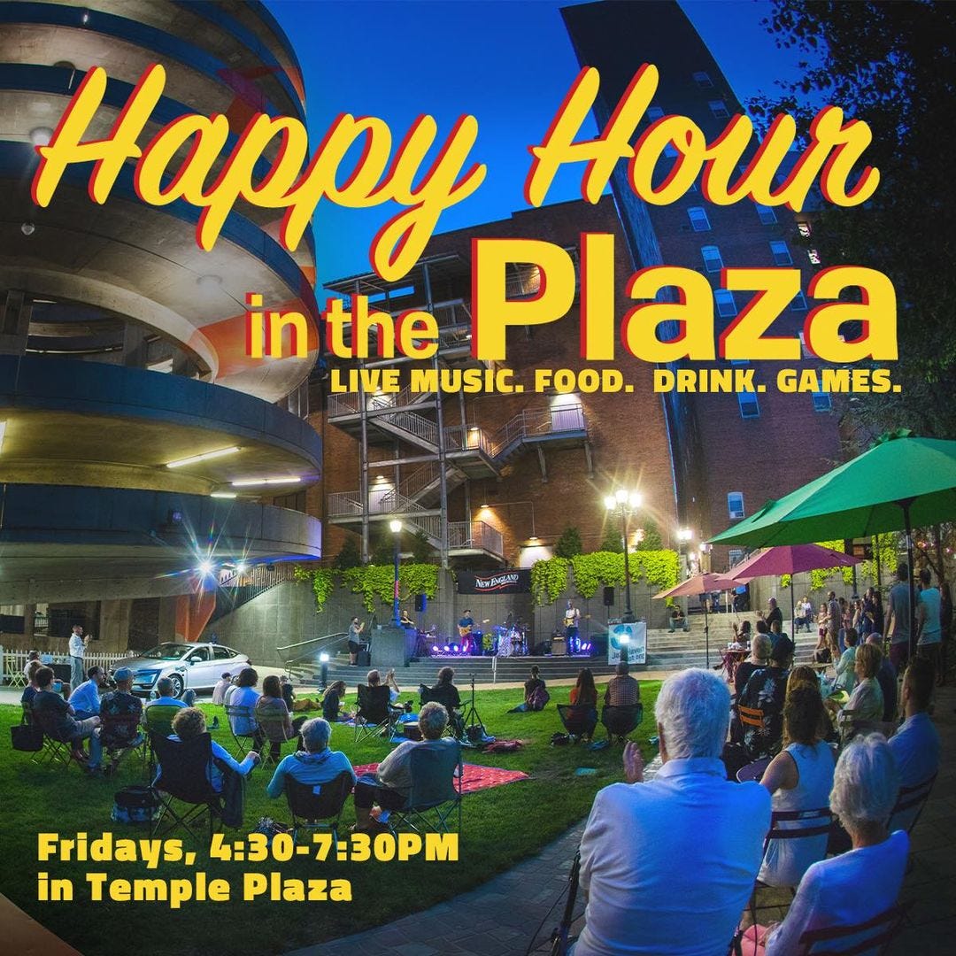 May be an image of 1 person and text that says 'Happy Hour in the Plaza LIVE MUSIC. FOOD. DRINK. GAMES. A Fridays, F,4:30-7:30PM 4:30-7:30PM in Temple Plaza'