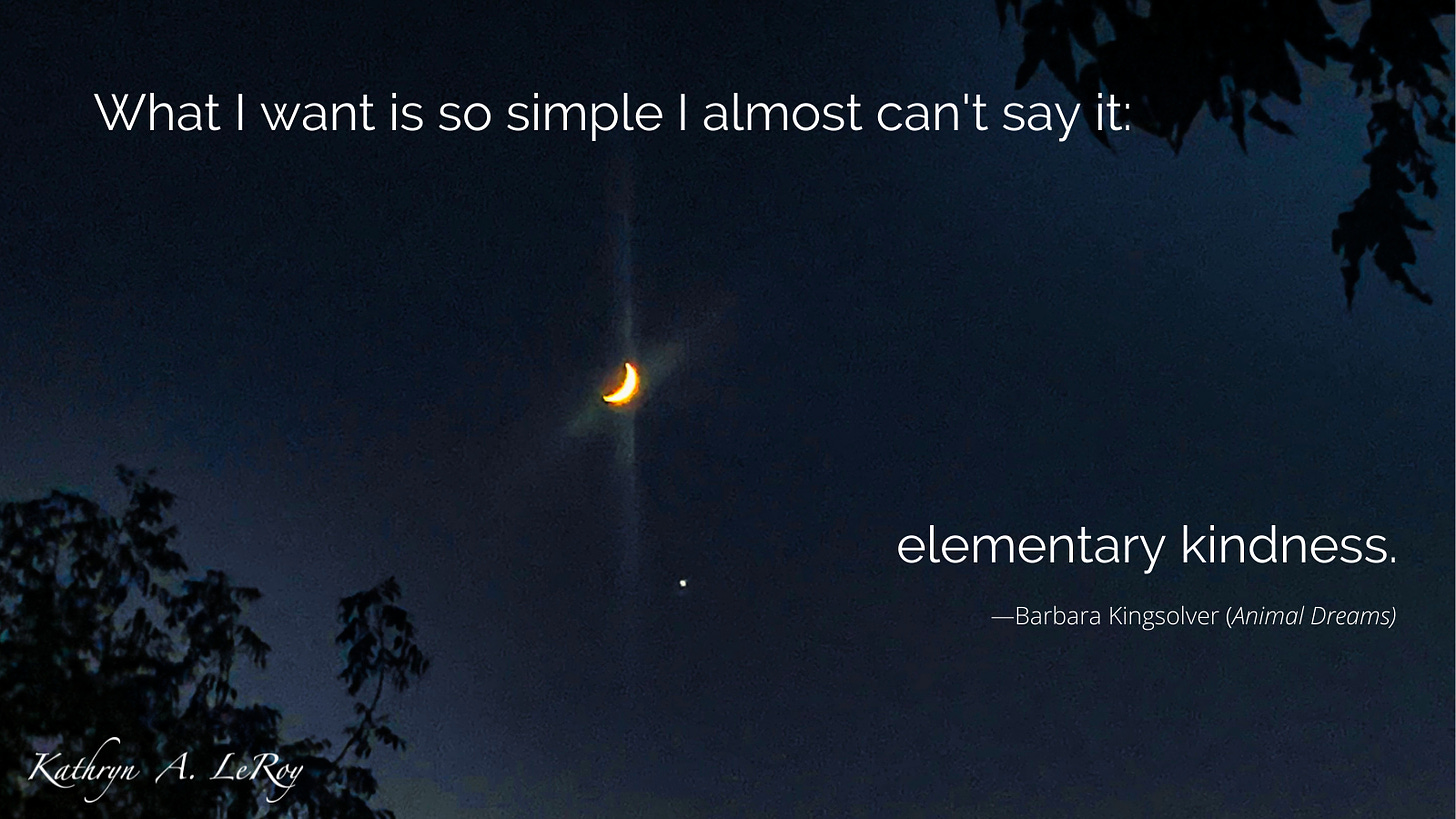 A sliver of moon in the night sky with a bright planet shining below it with these words on the photo: What I want is so simple I almost can’t say it: elementary kindness. From Barbara Kingsolver’s  novel, Animal Dreams