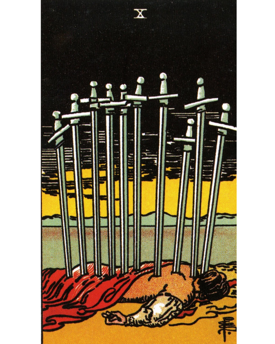 An individual lies face down with ten swords in their back, draped in red cloth like blood