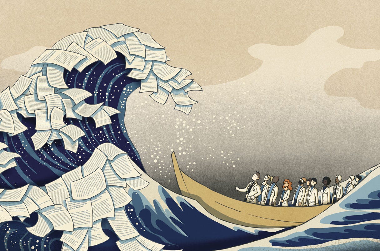 A conceptual illustration of a large wave made up of papers is looming over a boat filled with scientists and researchers.
